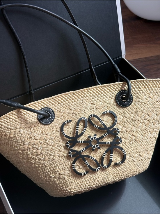 Loewe Handbags - Loewe Natural Straw Tote with Black Anagram Emblem